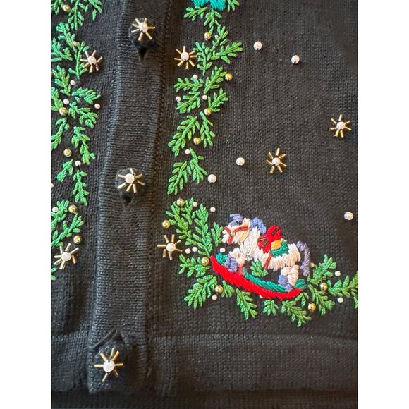 Victoria Jones Petite Holiday Sweater Vest Embroidered Black PL Vintage 80s - Picture 3 of 6